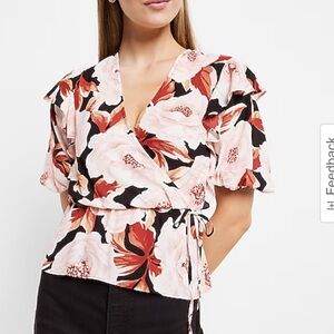 Floral Print Faux Wrap Puff Sleeve Peplum Top